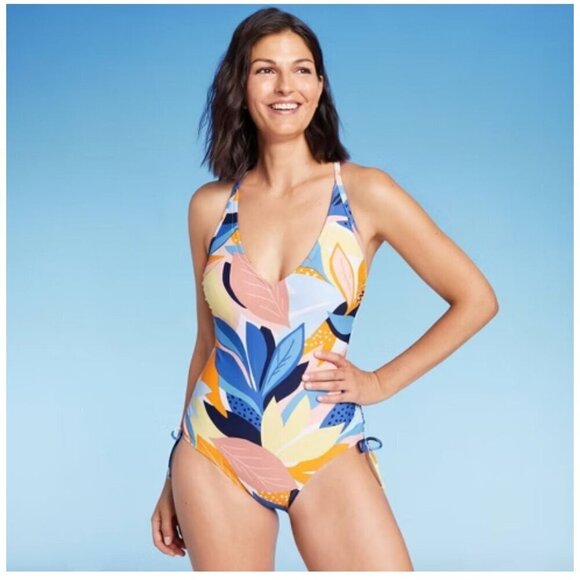 Kona Sol Twist-Front Shirred Full Coverage White Tropical Floral One Piece Swims - Picture 1 of 9